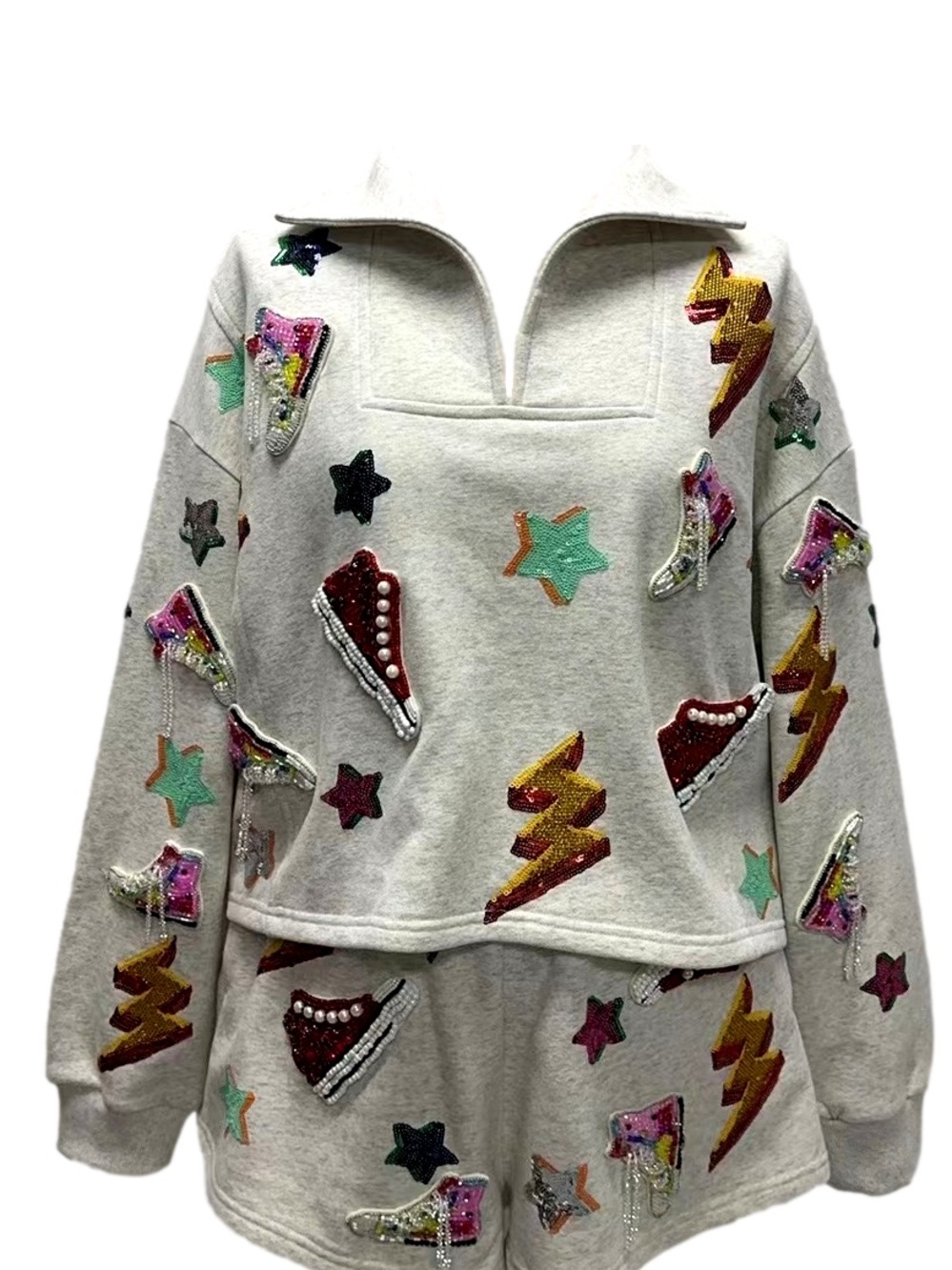 Queen Of Sparkles Grey Sneaker And Lightning Bolt Collar Sweatshirt Kids XL